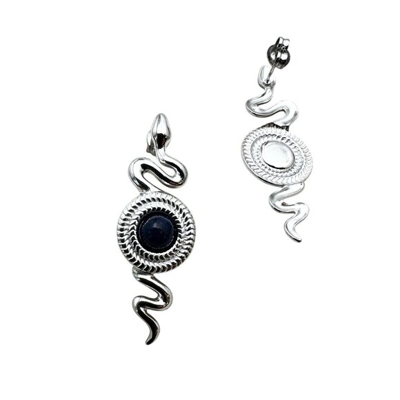 Blue Lapis Lazuli Silver Tone Snake Pierced Earrings Chandelier New 1.5 Inch - Picture 2 of 4